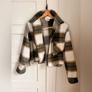 For The Republic crop Green Plaid Flannel Jacket Shacket